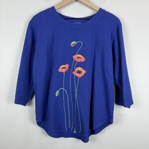 Sea Breeze Of California Cotton‎ Painted Blouse Small Blue Floral Dragonfly Boho